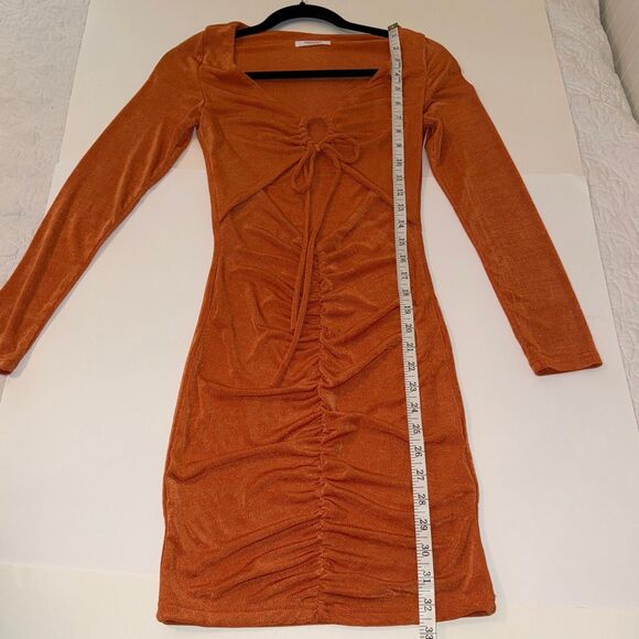 PepperMayo Cora Mini Dress Long Sleeve Bodycon Cut Outs Ruched Ring Tie Orange 4 - Picture 8 of 13